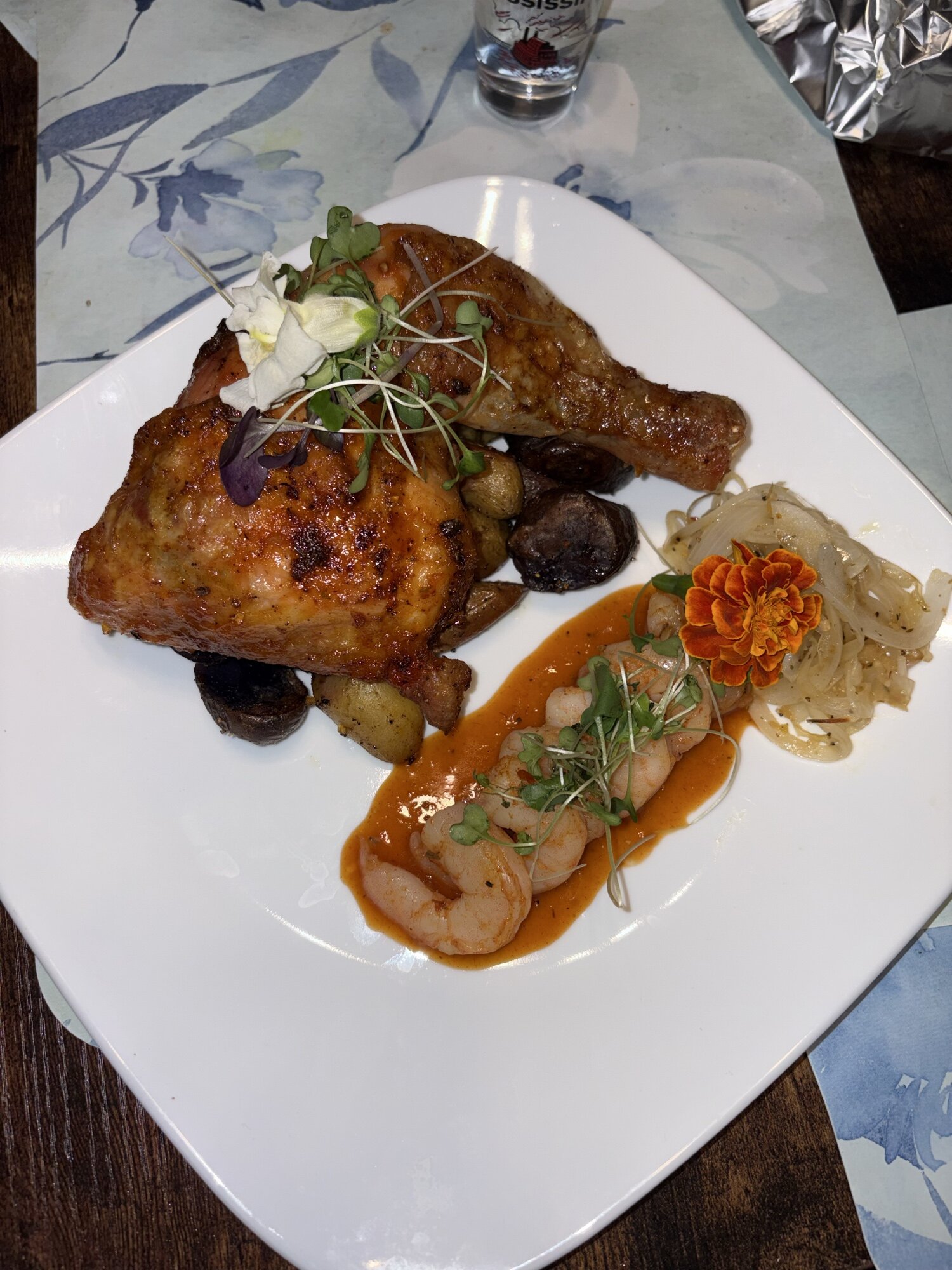 Roasted Chicken Quarter Legs Over Crispy Fingerling Potatoes w/Shrimp & A Sweet Chili Ginger Fusion Sauce