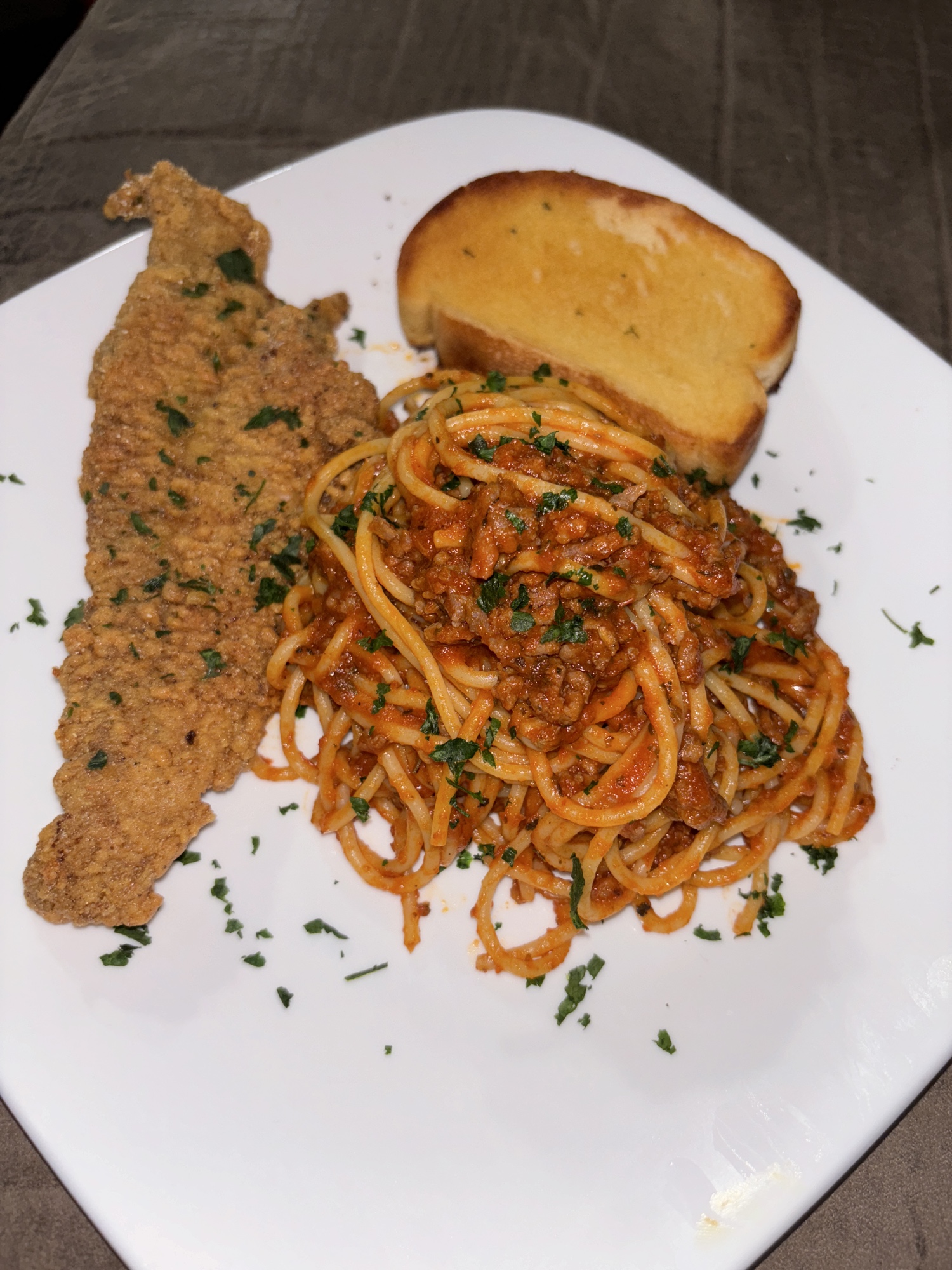 Deep Fried Catfish Fillet, Spaghetti and Garlic Bread